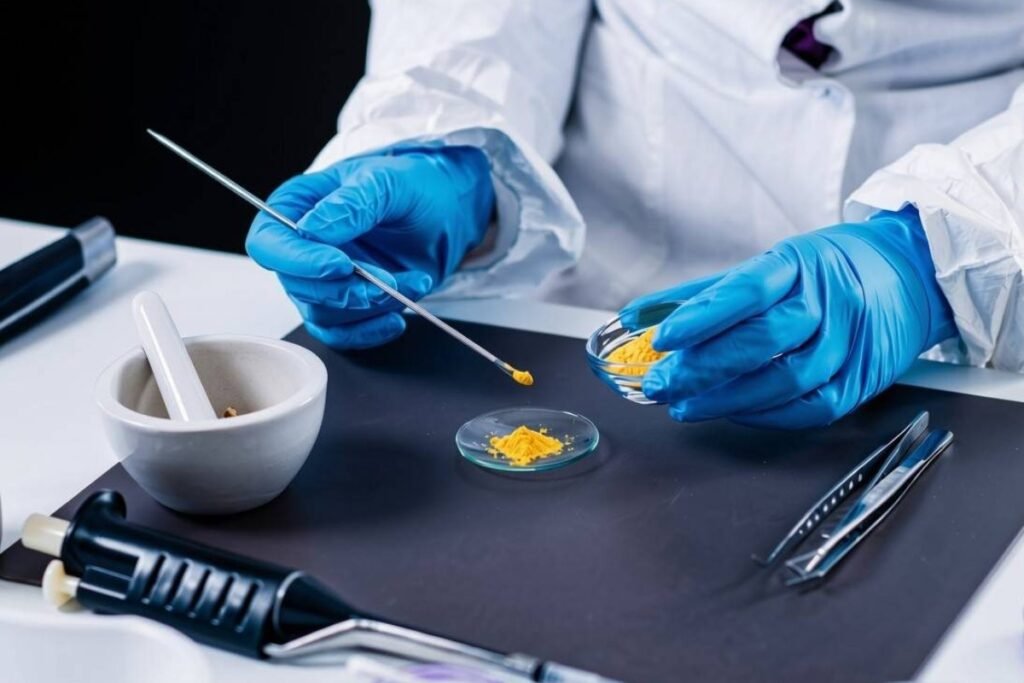 Microalgae carotenoid powder under laboratory analysis at PhycoFerm