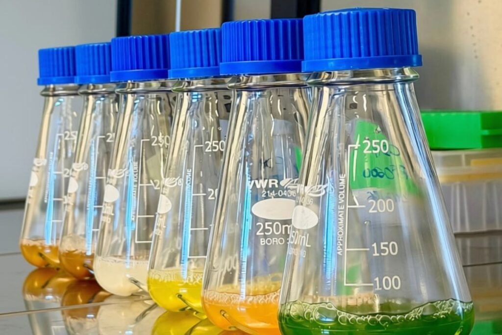 Heterotrophic Chlorella cultures growing in shake flasks at the PhycoFerm laboratory
