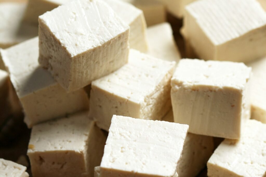 Tofu cubes on a board