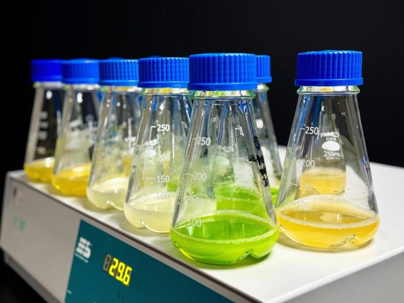 Row of Erlenmeyer flasks with microalgae cultures in yellow, white, and green