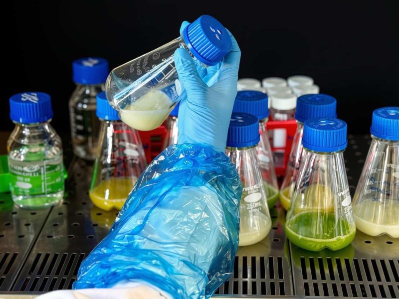Researcher holding a flask of white microalgae culture among green and yellow strains